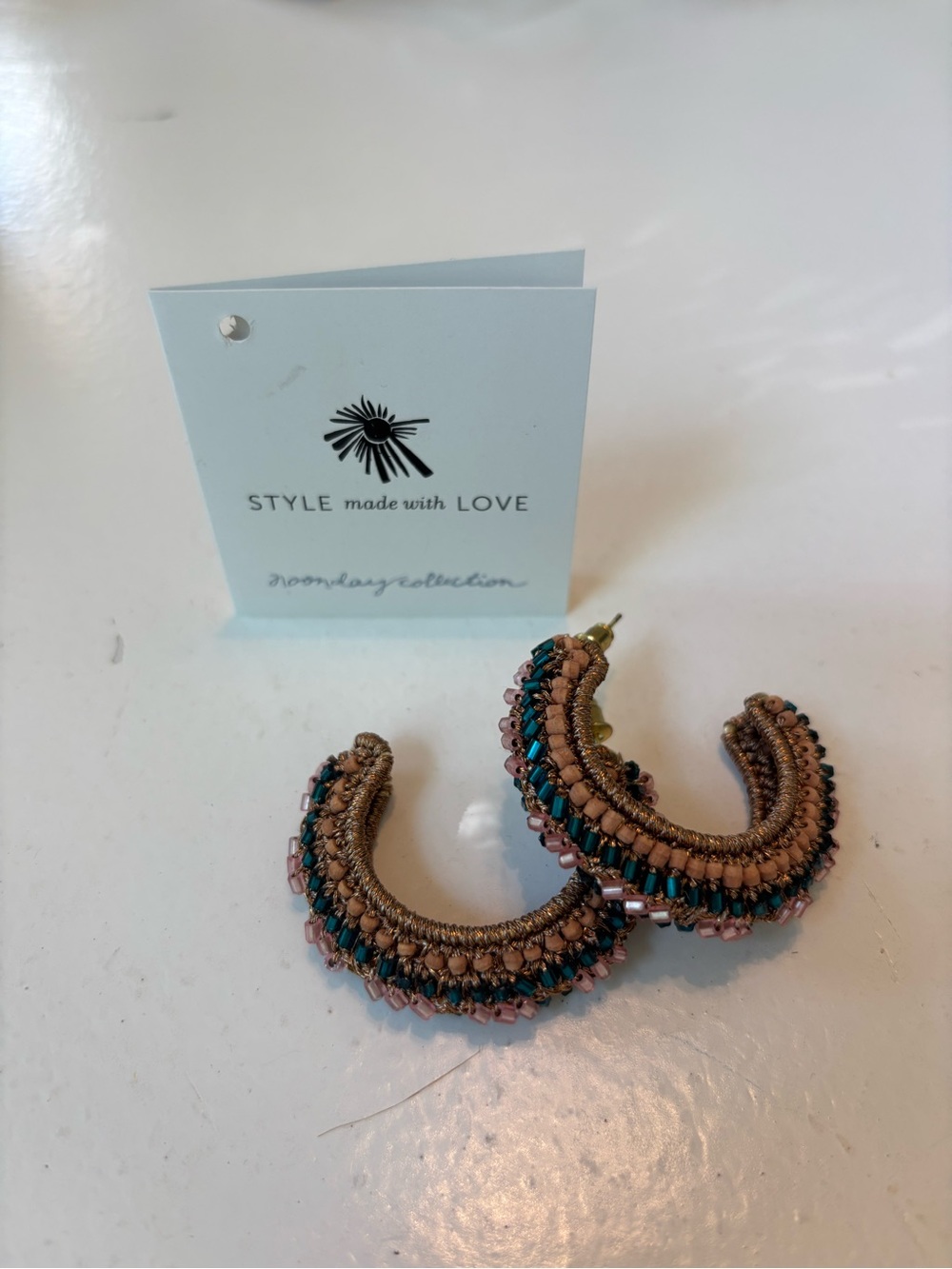 Noonday Collection Tan and Teal Beaded Hoop Earrings